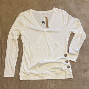 Elegant White V-Neck Buttoned Women's Top